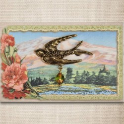Bird brooch gold & olive