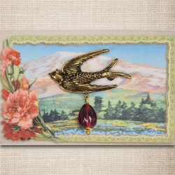 Bird brooch gold & pumpkin red