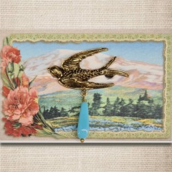 Bird brooch gold & aqua