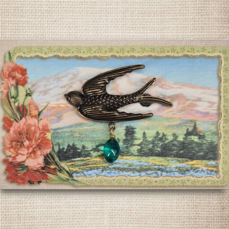 Bird brooch bronze & aqua