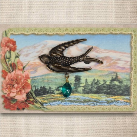Bird brooch bronze & aqua