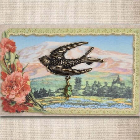 Bird brooch bronze & green marble