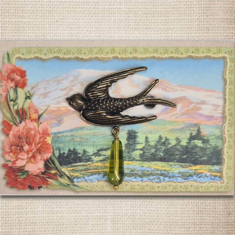Bird brooch bronze & olive