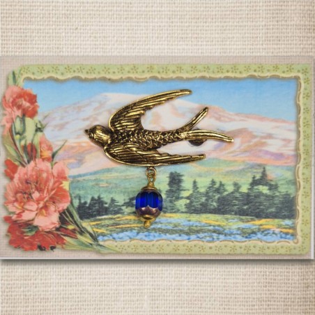 Bird brooch gold & kobalt